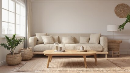 A cozy living room with a couch, coffee table, and plant