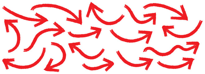 Red Hand drawn vector arrows doodle set on white background. Arrows with grunge lines. Hand drawn set of doodle arrow icons. Collection doodle marker thick arrows in different directions. Curved 