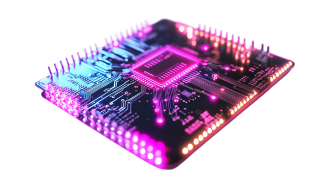 A quantum computing chip with glowing circuits, isolated on white background --ar 16:9