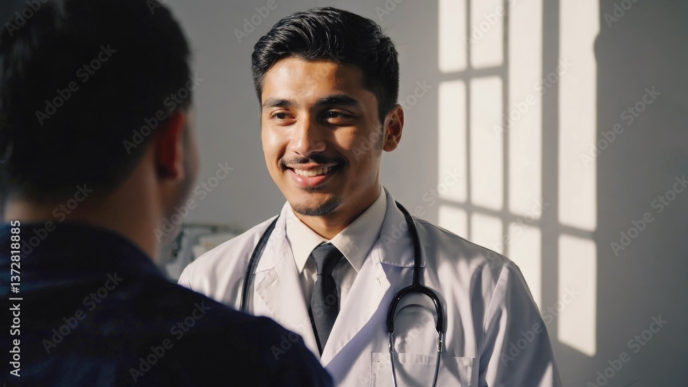 Poster a scientist in a lab coat is having a conversation with another man, likely a discussion about resea