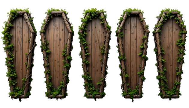 Wooden coffin entwined with vines and moss realistic design