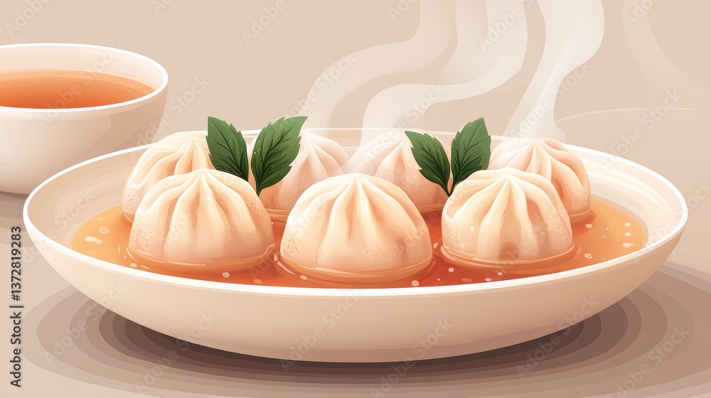Poster clean lines flat minimalistic hot springs dumplings steaming on a plate icon simple easy lines
