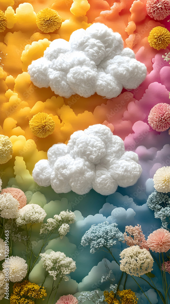 Poster dreamy landscape with flowers clouds and soft color palette with gradient creating a whimsical and s