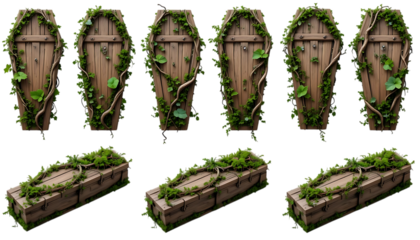 Wooden coffin entwined with vines and moss realistic design