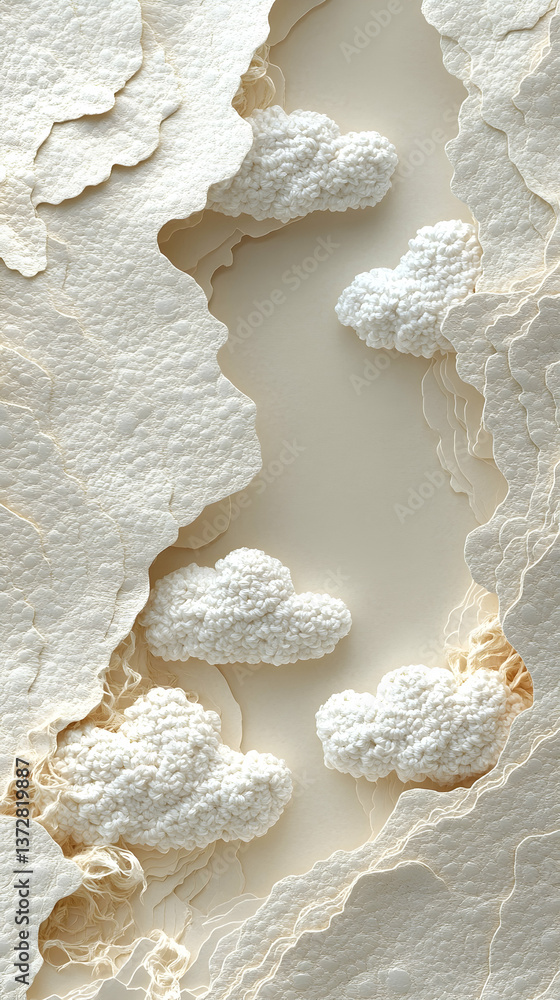 Aufkleber dreamy layers of off-white paper form a landscape with fluffy clouds floating above subtle textures 