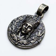 Antique silver pendant with crowned woman's face and ornate leaf border on white surface