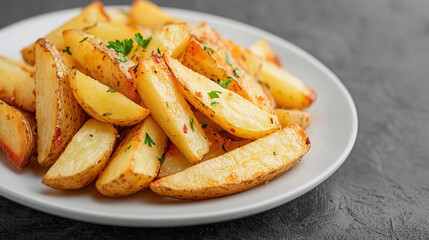 Delicious french fries garnished with parsley served in a ceramic bowl on a dark grey fabric backdrop with garlic mayo