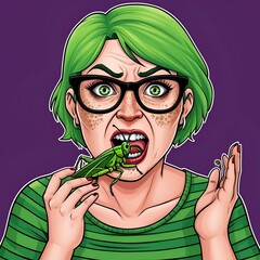 Frau mit gr&uuml;nen Haaren isst Heuschrecke