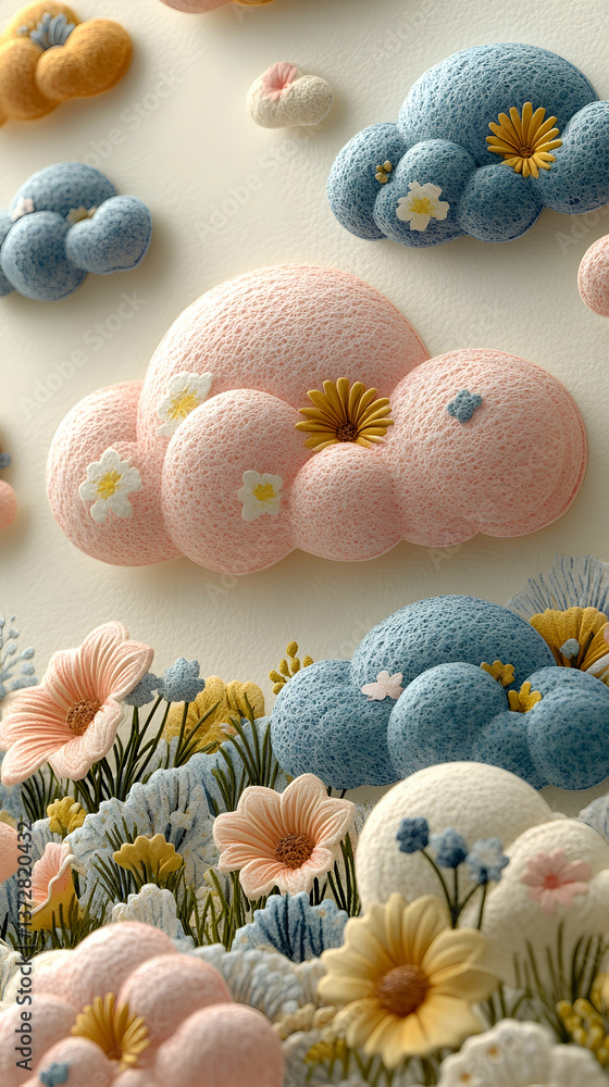 Poster dreamy pastel clouds and flowers float on a cream surface in a whimsical composition soft textures c