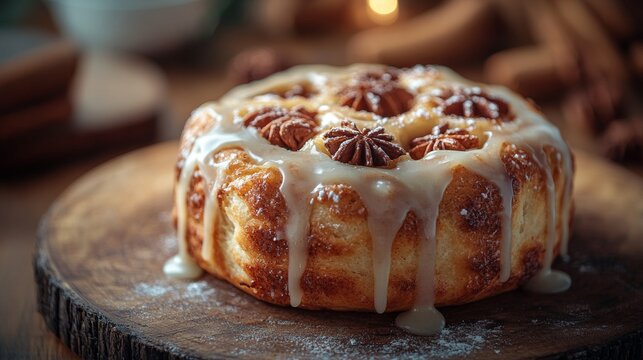 Delicious gooey cinnamon rolls with icing dripping down warm background with blurred kitchen soft morning light
