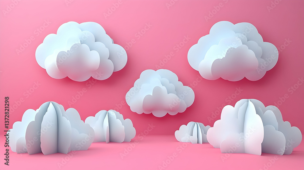 Aufkleber dreamy scene white fluffy clouds float against a soft pink background some resting gently on the flo