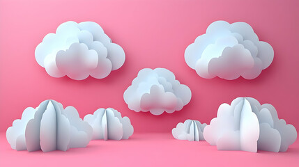 Dreamy scene white fluffy clouds float against a soft pink background some resting gently on the floor creating a ser
