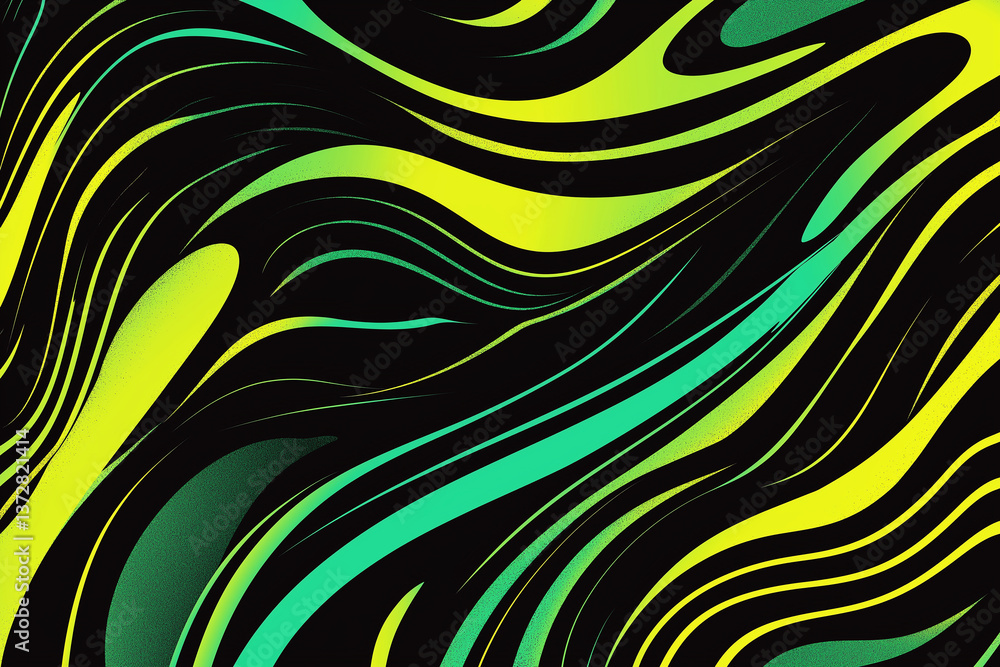 Fototapete Wavy stripes creating a gradient pattern in green and yellow on black background