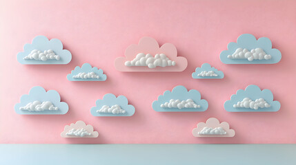 Dreamy scene with pastel clouds floating on a textured pink wall over a light blue surface creating a soft  serene ae