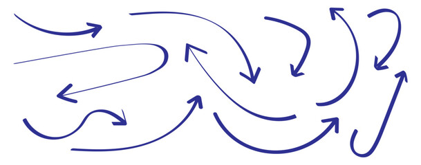 Blue doodle set on white background. Arrows with grunge lines. Hand drawn set of doodle arrow icons. Collection doodle marker thick arrows in different directions. Blue hand drawn brush arrow set.