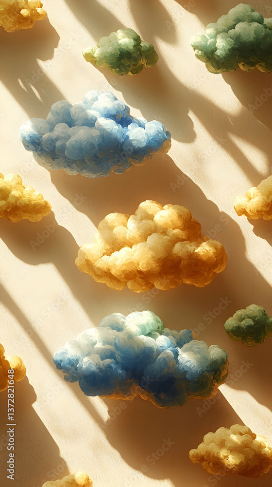 Poster dreamy sky colorful clouds float on a beige backdrop casting shadows a serene and ethereal scene