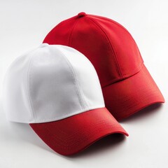 Two Baseball Caps One Fully Red and One White with a Red Brim Overlapping on a Plain Background