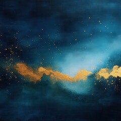 Fototapeta premium Abstract celestial painting with shimmering gold accents on a deep teal canvas evoking cosmic wonder