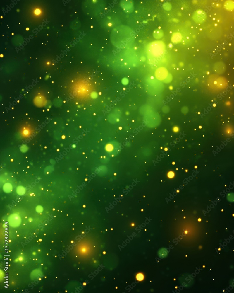 Poster ethereal emerald glow with shimmering golden particles creating a magical and dreamy bokeh backgroun