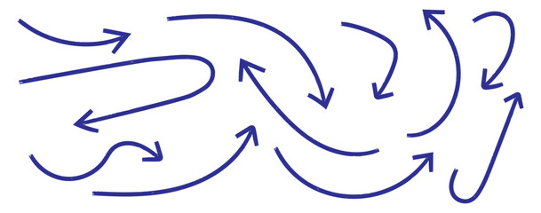 Blue doodle set on white background. Hand drawn set of doodle arrow icons. doodle marker thick arrows in different directions. Blue hand drawn brush arrow set. Grunge curved arrows set. Hand drawn 