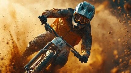 Fototapeta premium Action shot of mountain biker in intense dirt jump
