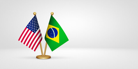 USA vs Brazil desk flags mockup 3d illustration. Versus flag of US United States of America
