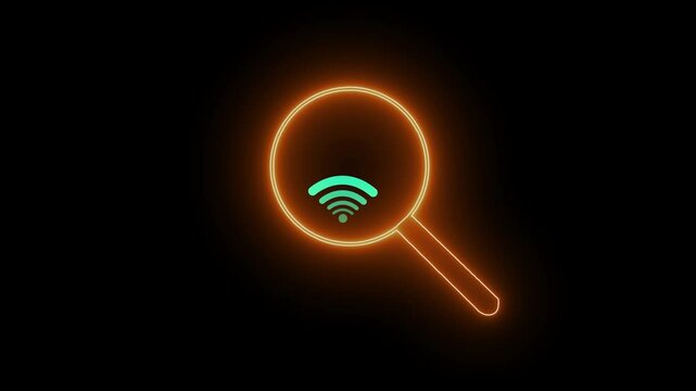 A glowing neon red magnifying glass with a blue WiFi symbol in the center, set against a black background. wifi symble