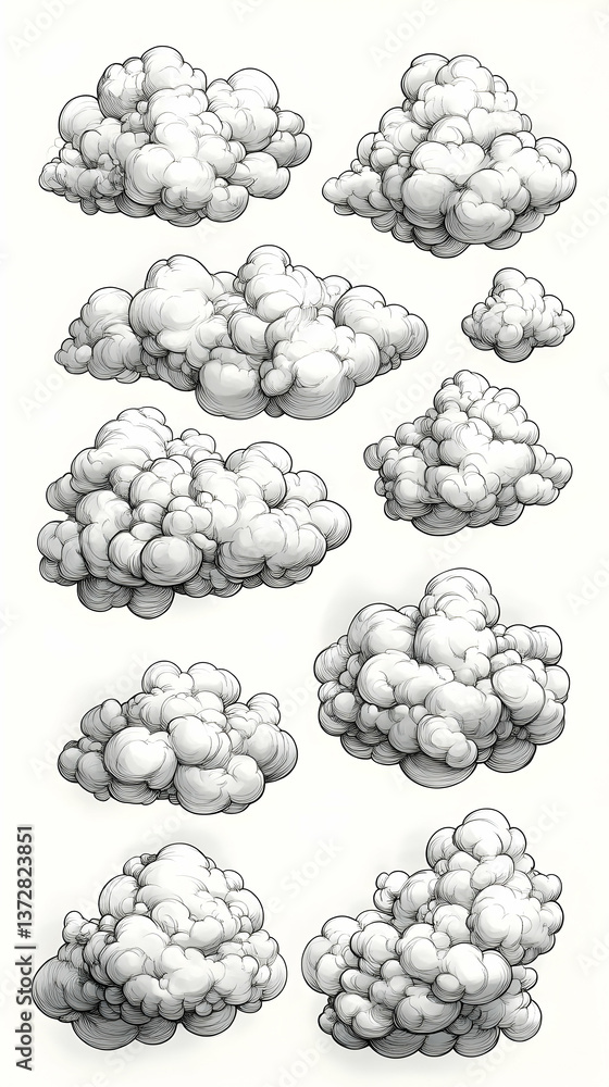 Aufkleber eight fluffy detailed clouds float on a clean white background shaded drawings capture depth creatin