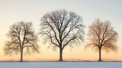 Three bare trees standing in a foggy snowy landscape environment