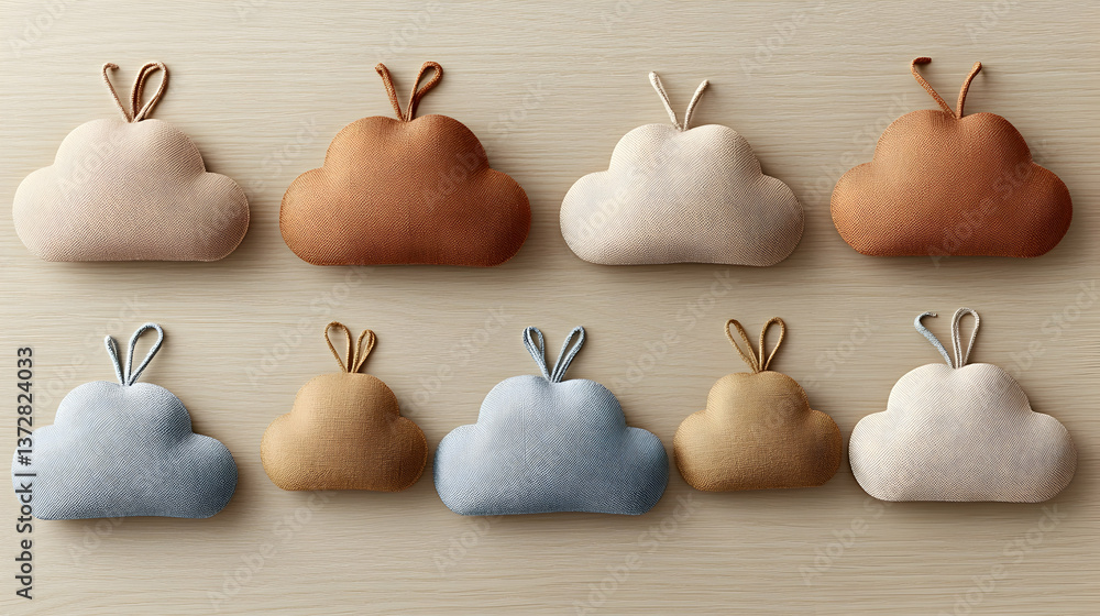 Poster eight textured cloud-shaped decorations with small loops neatly arranged on a light wooden surface c