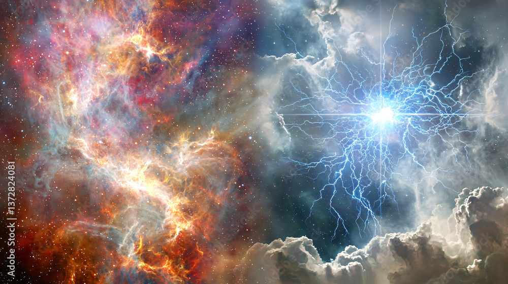 Poster vibrant nebula displaying celestial energy fields with a glowing star creating a stunning cosmic atm