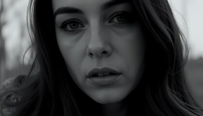 A realistic black and white photo portrait of a woman who is not in her first youth, but still remains beautiful, attractive and captivating, but with a touch of sadness and melancholy