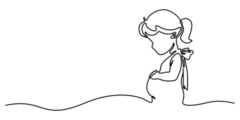 Beautiful pregnant woman touching her belly in continuous one line drawing. Simple line art illustration of pregnant belly. Pregnant Woman Continuous Line Icon. Single Line Vector Illustration.  