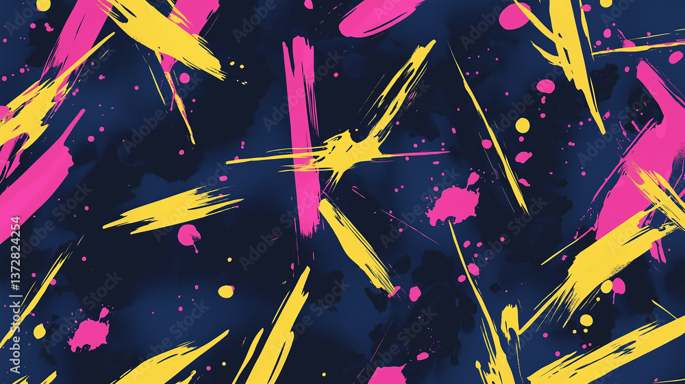 Poster Pink and yellow brushstrokes creating dynamic patterns on dark blue background