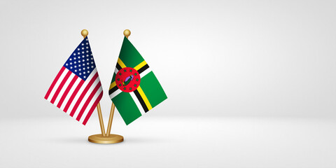 USA vs Dominica desk flags mockup 3d illustration. Versus flag of US United States of America
