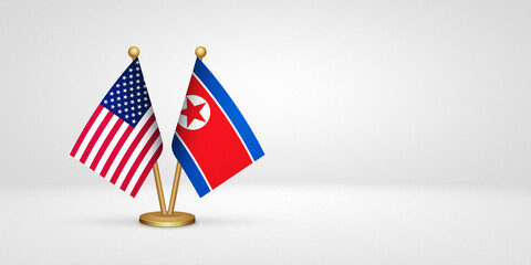 USA vs North Korea desk flags mockup 3d illustration. Versus flag of US United States of America