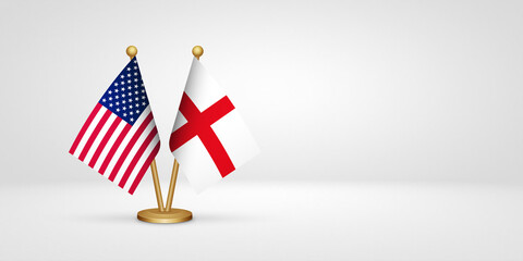 USA vs England desk flags mockup 3d illustration. Versus flag of US United States of America