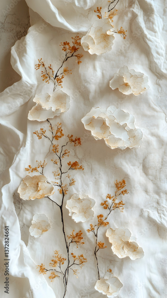 Poster elegant composition featuring delicate blossoms and branches artistically arranged on soft textured 