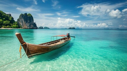 Obraz premium Longtail Boat Moored in Clear Turquoise Water at Tropical Island Beach