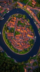 A quaint, round town enveloped by a river bend, aerial view with trees surrounding