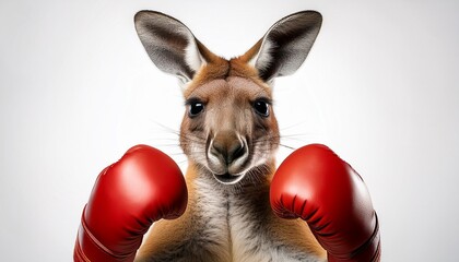 Kangaroo with wearing boxing gloves and standing on white background; kangaroo boxer; red boxing gloves on a kangaroo; fighting kangaroo