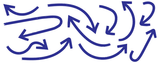 Blue doodle set on white background. Hand drawn set of doodle arrow icons. doodle marker thick arrows in different directions. Blue hand drawn brush arrow set. Grunge curved arrows set. Hand drawn 