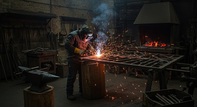 Blacksmith welding metal gate in rustic industrial workshop