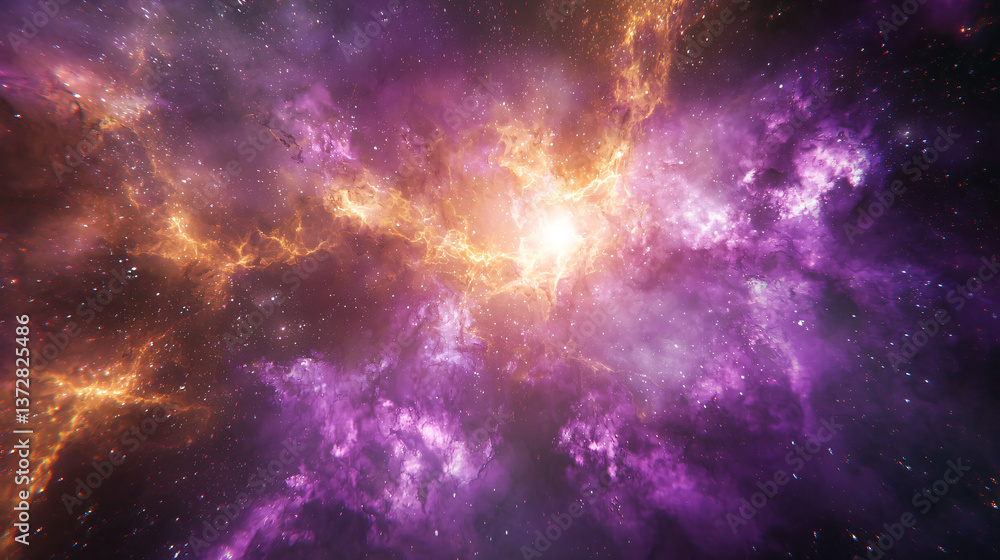 Poster stunning nebula with purple and yellow stars creating a celestial display of energy fields and ether