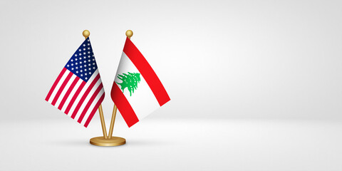 USA vs Lebanon desk flags mockup 3d illustration. Versus flag of US United States of America