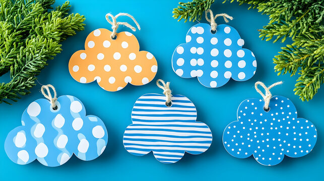 Cloud-shaped ornaments are featured with dots and stripes arranged on a vibrant blue surface adorned by green foliage - Powered by Adobe