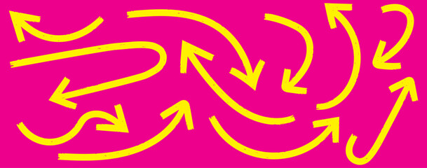 Yellow Bold brush drawn arrows. Set of Yellow Hand drawn vector arrows doodle. Hand drawn Yellow grunge bent arrow pointing upwards, bold brush stroke. Yellow hand drawn brush arrow icon vector set.