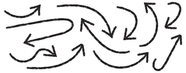 Grunge arrow vector set. Grunge arrow brush drawn. set of chalk pencil, brush stroke arrows. various charcoal arrows. Hand drawn doodle arrow symbols vector. 