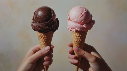 Two hands holding chocolate and strawberry ice cream cones. 9