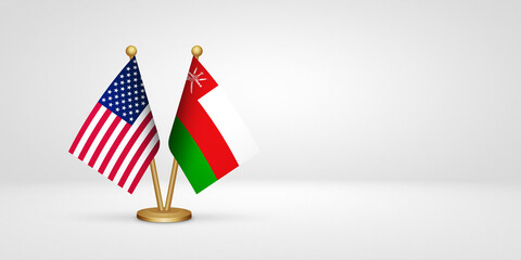 USA vs Oman desk flags mockup 3d illustration. Versus flag of US United States of America